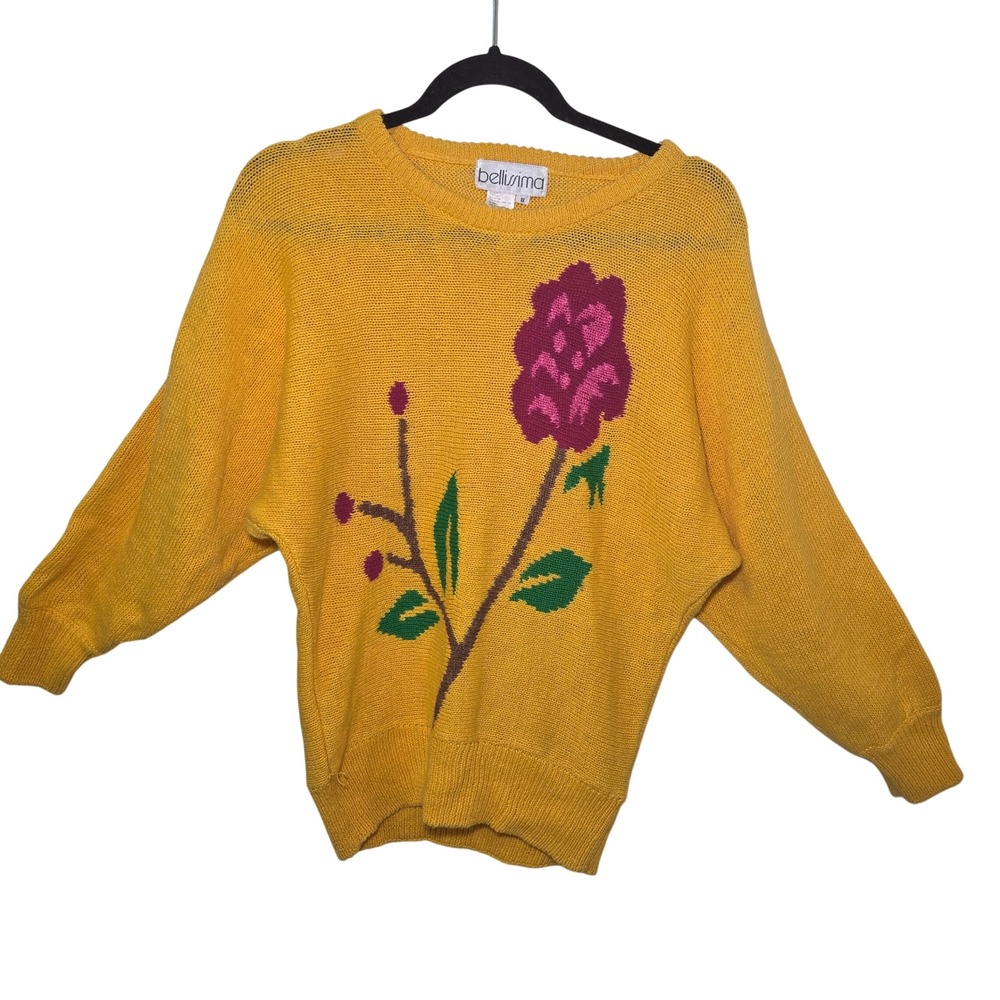 Bellissima Yellow Floral Sweater Women's S Angora Blend Vintage 80s 90s Knit
